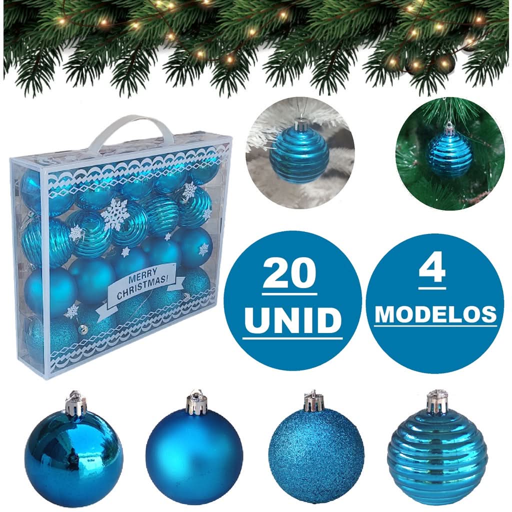 Kit 20 Bolas De Natal Azul Grande Decoração 6cm Brilho