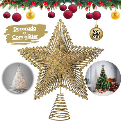 Estrela 24cm Brilhante Aramada Com Glitter Para Árvore De Natal Metalizado