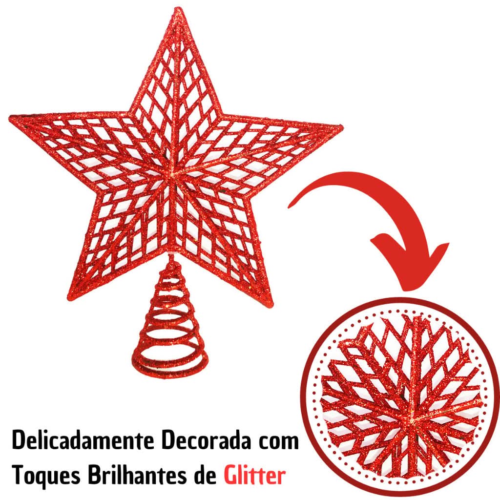 Estrela de Natal Ponteira Glitter Brilhante 20cm para Decoração de Árvore