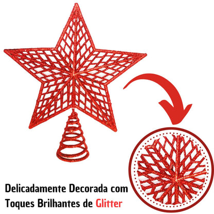 Estrela de Natal Ponteira Glitter Brilhante 20cm para Decoração de Árvore